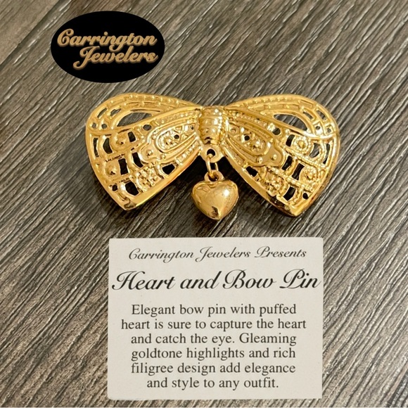 Vintage Jewelry - Vintage Carrington Jewelers Filigree 'Heart & Bow Pin' Dangle Brooch Gold-tone